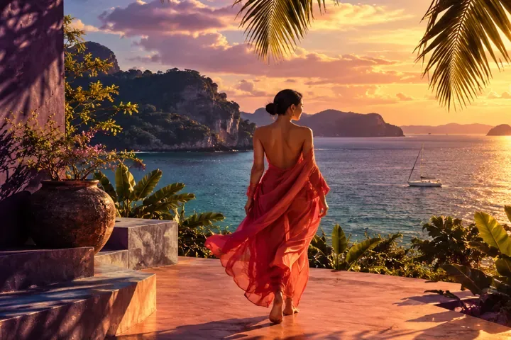 An atmospheric coastal terrace above the Pacific at sunset