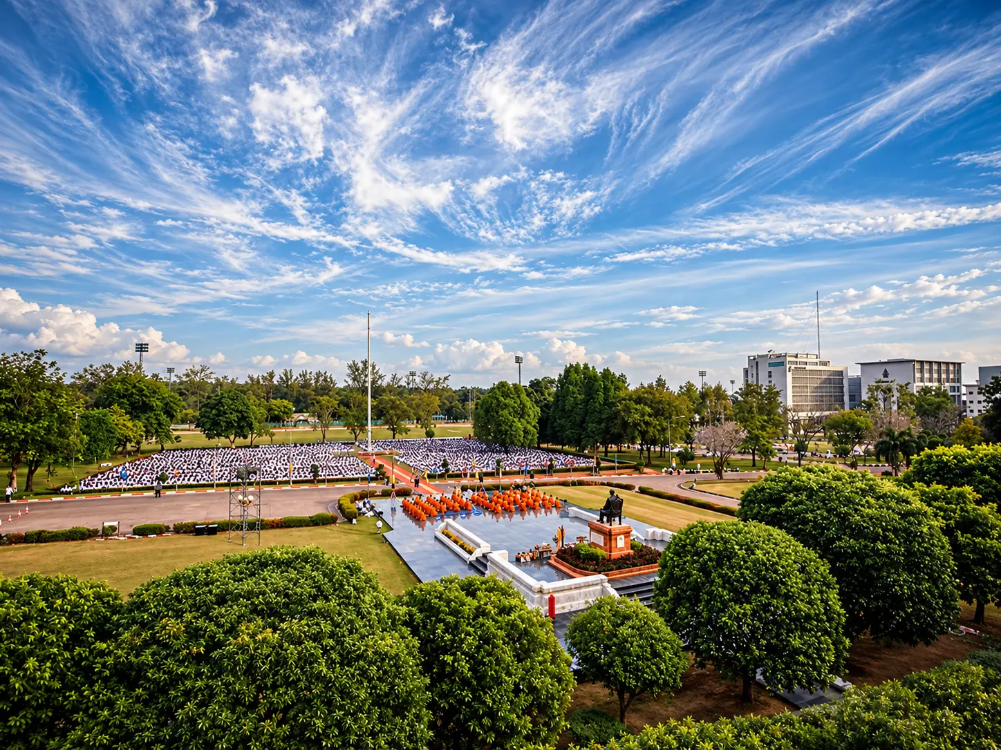 Prince of Songkla University campus in Hat Yai, with a gathering around the monument
