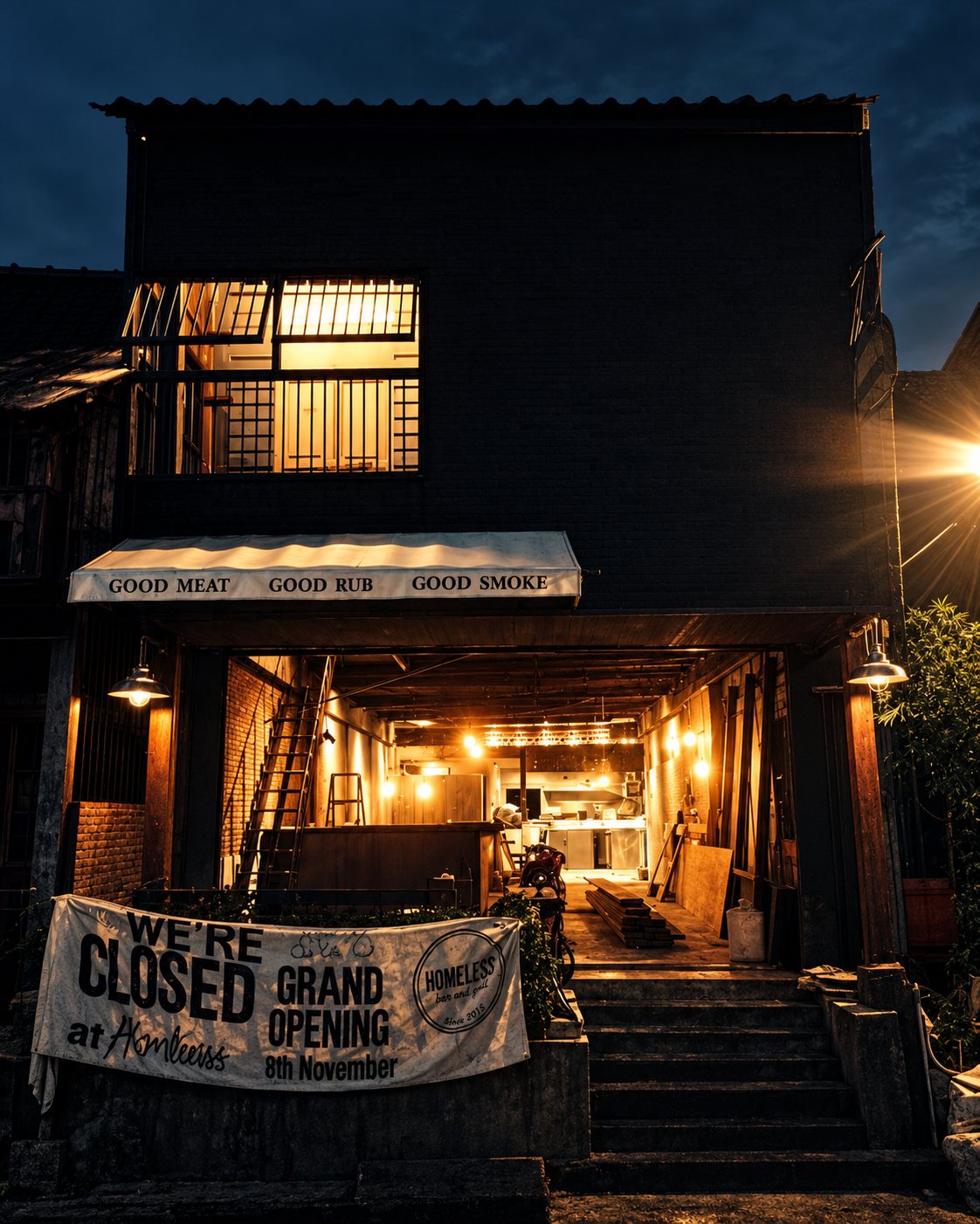 Homeless House building at night