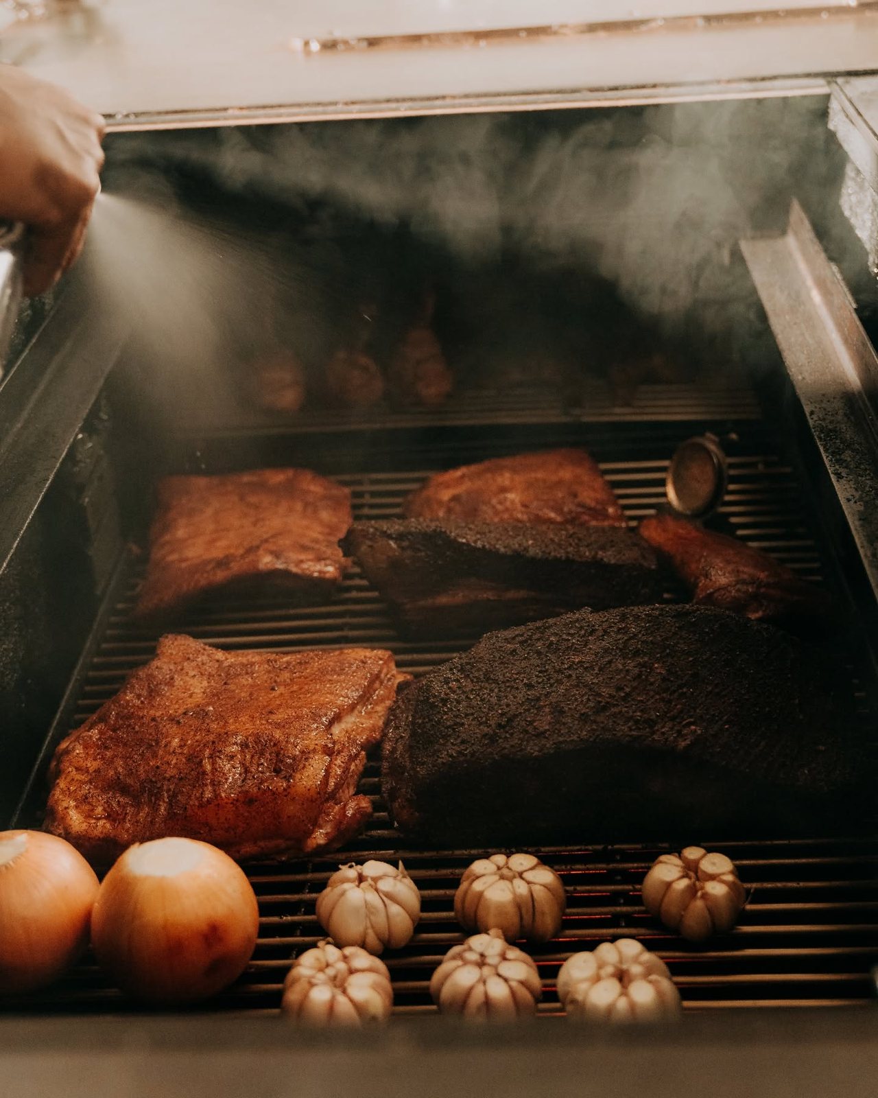 Meat on a smoker grate with garlic and onions