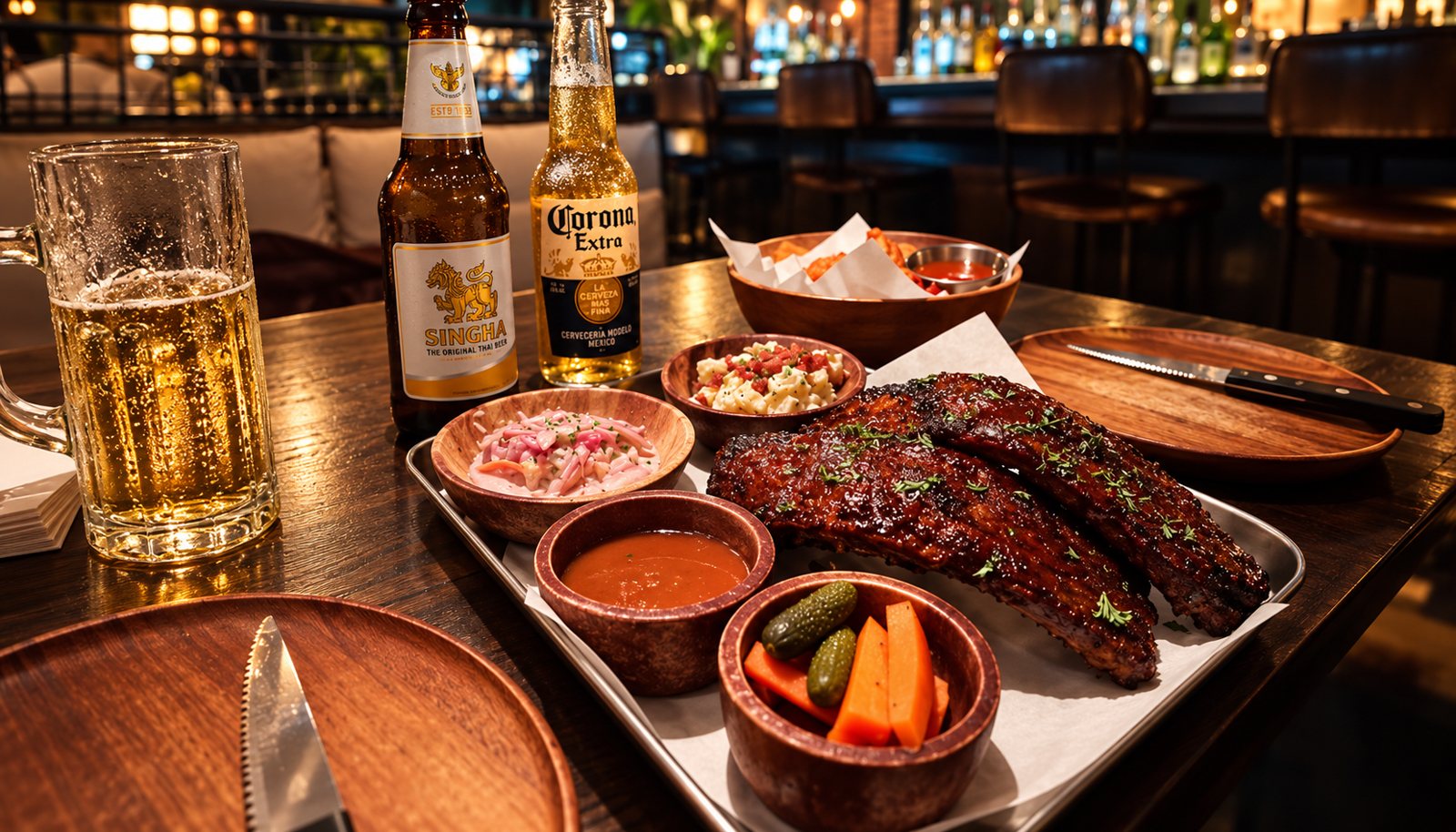 Smoked BBQ pork ribs with sides and drinks
