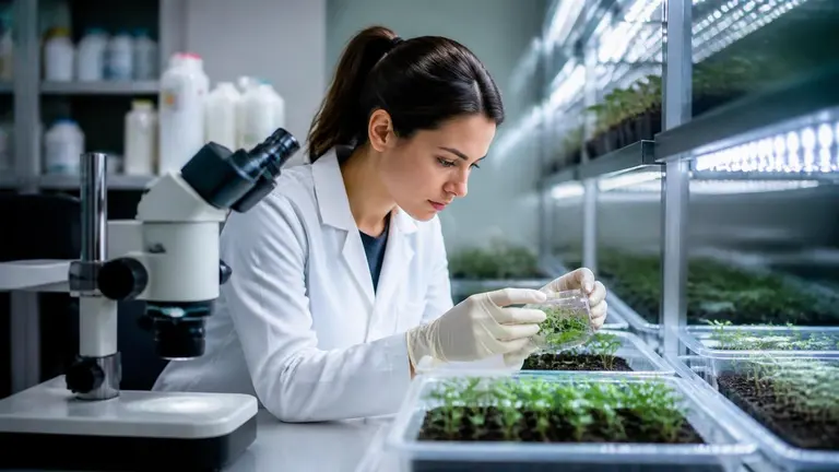 Researcher examining plant seedlings in a biotechnology laboratory