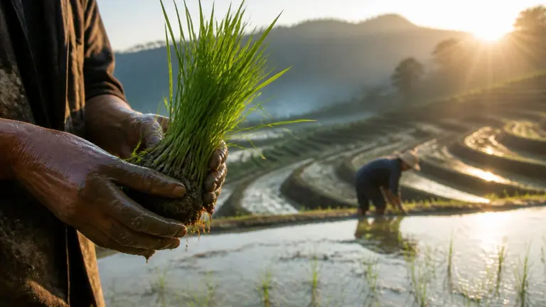 Farmer holding rice seedlings above a terraced paddy field at sunrise