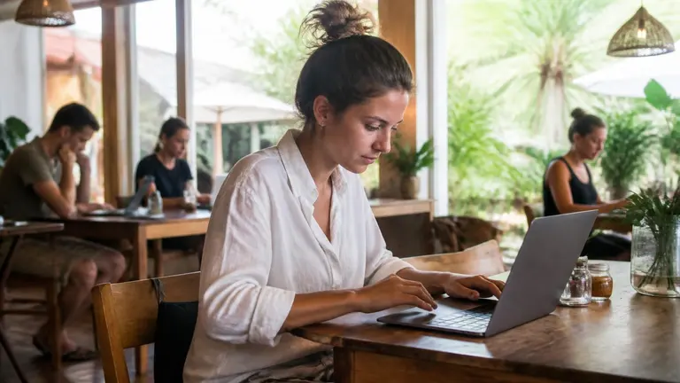 Remote workers with laptops in a tropical co-working cafe