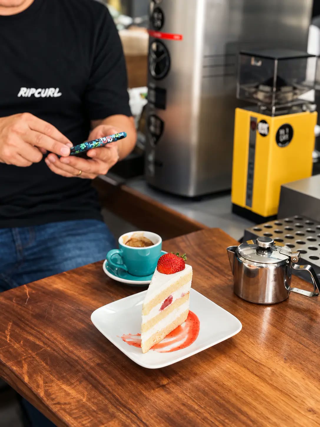 Strawberry shortcake with an espresso at the bar.
