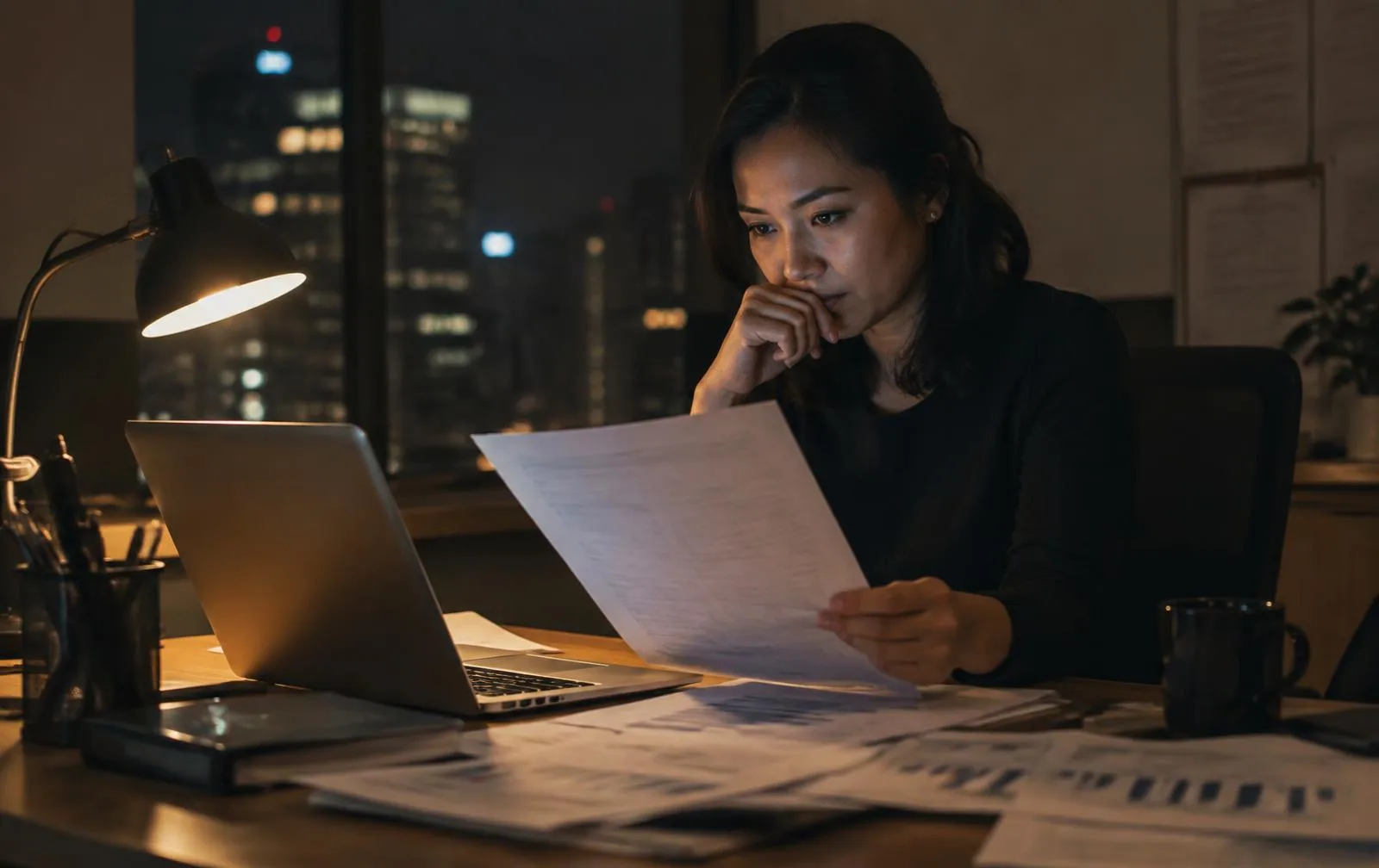 A finance manager reviewing operating costs late at night
