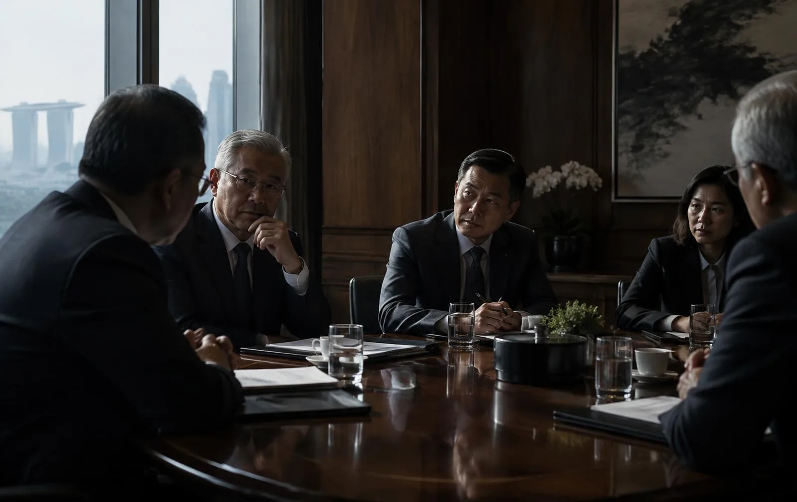 Senior bankers in a risk committee meeting in Singapore