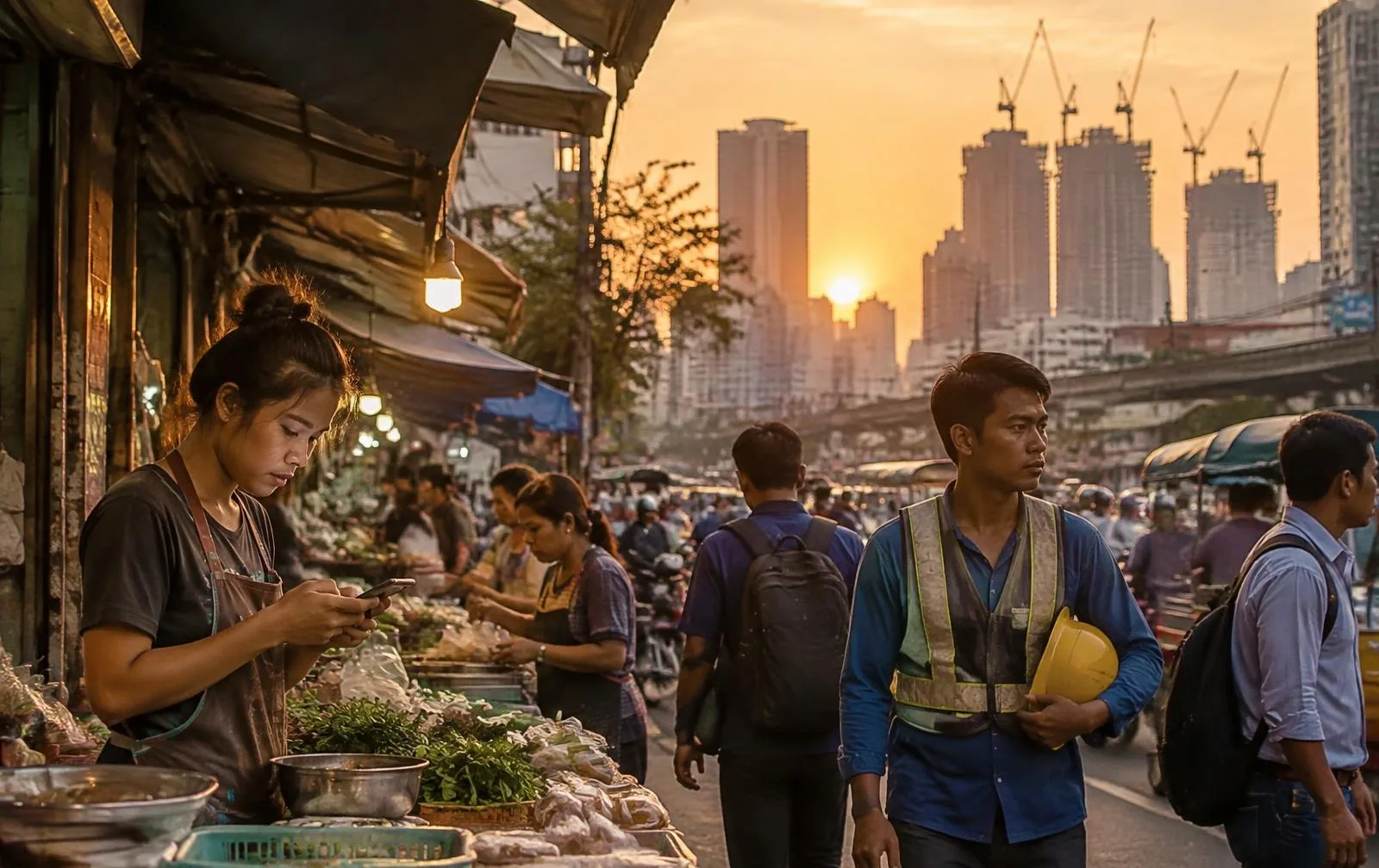 Street vendors and workers on a Bangkok street at golden hour