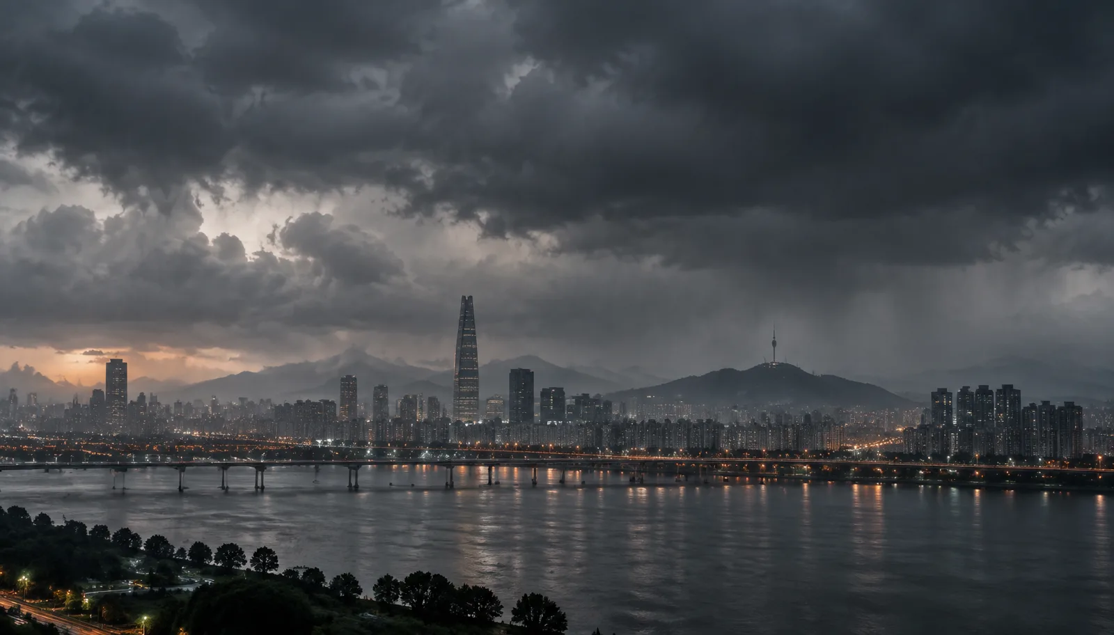 Seoul skyline and the Han River under heavy monsoon rain clouds at dusk
