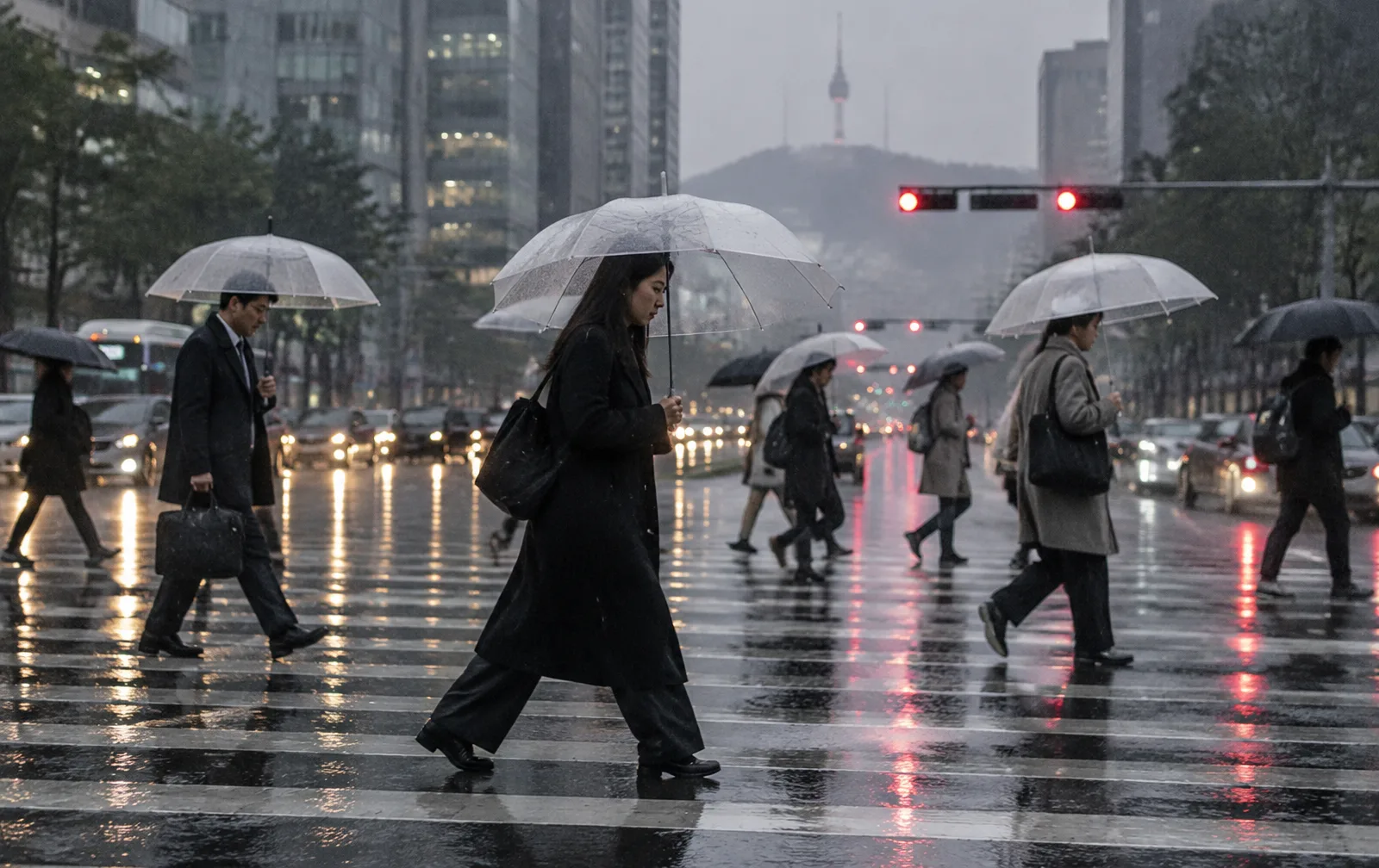 Commuters with umbrellas cross a rain-slicked intersection in central Seoul