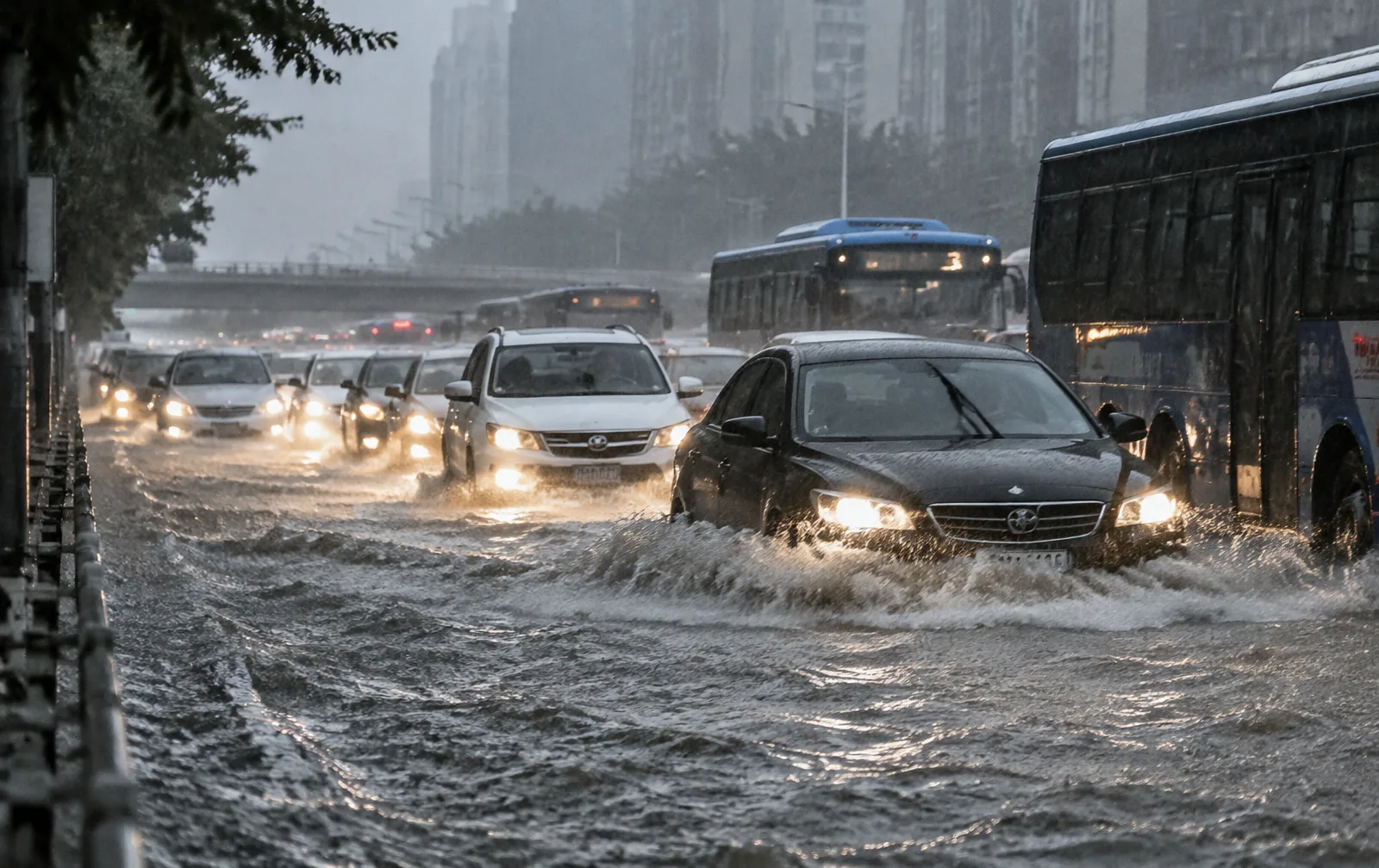 Traffic pushes through floodwater on a Korean city road at rush hour
