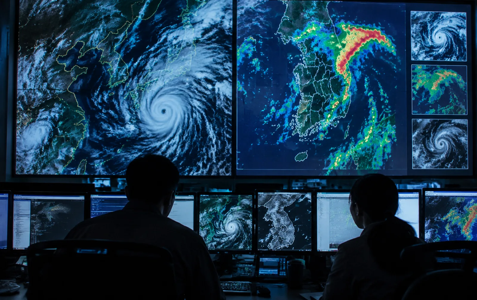 Analysts monitor weather radar and satellite imagery at a Korean meteorological centre