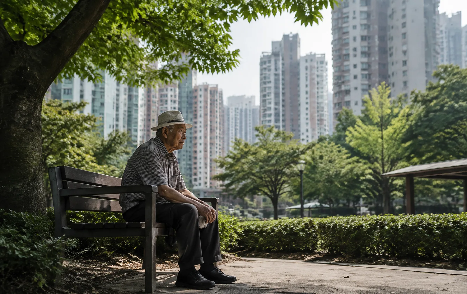 An elderly man rests in the shade of a small park surrounded by apartment towers