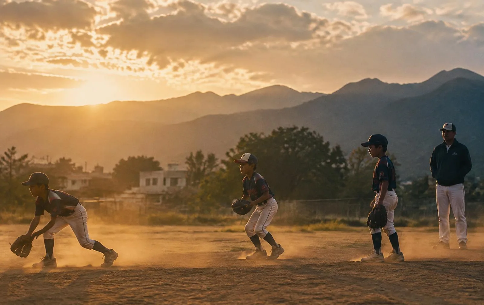 Young players practising on a school field at golden hour