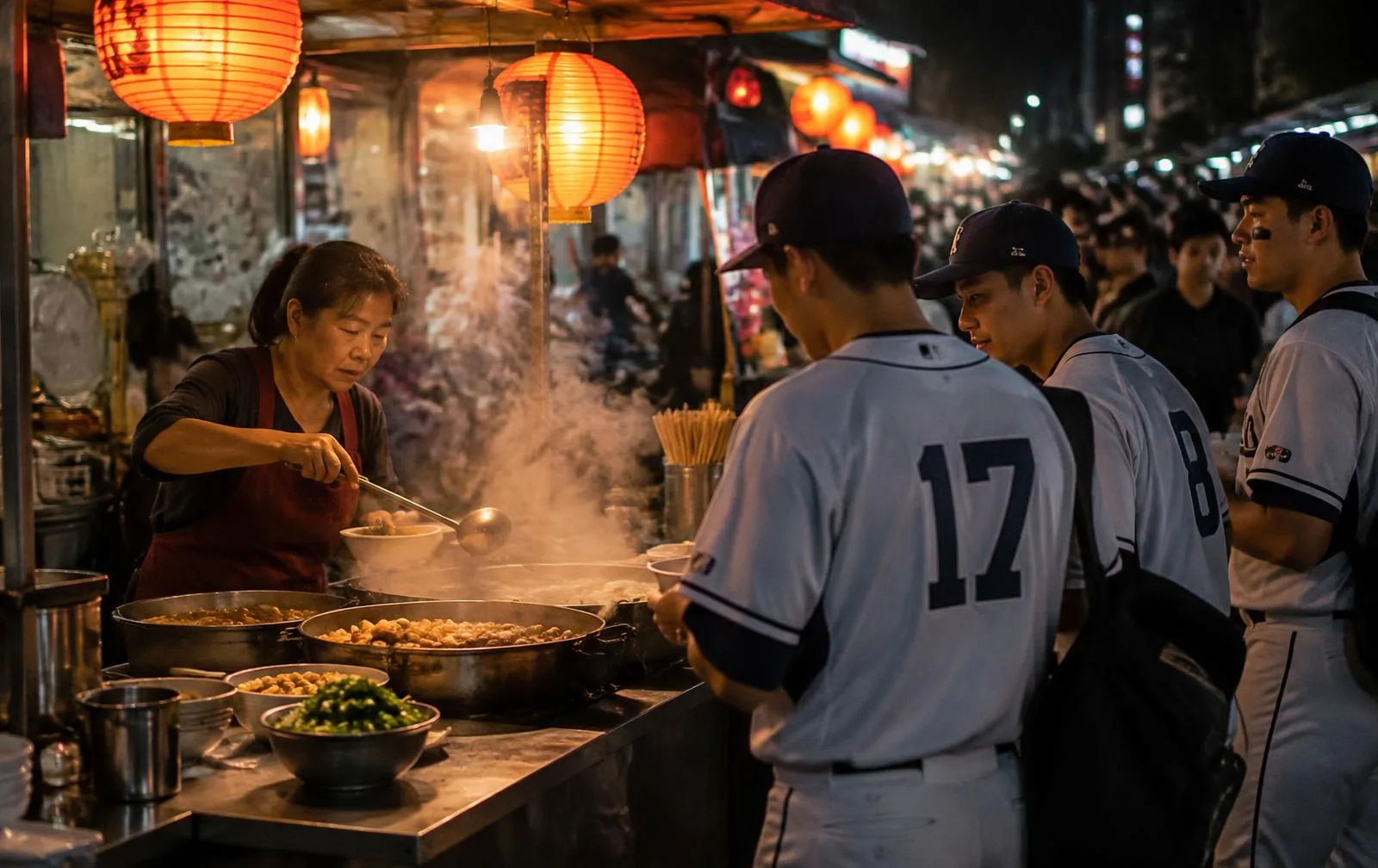 A night-market vendor serving fans in team jerseys after a game
