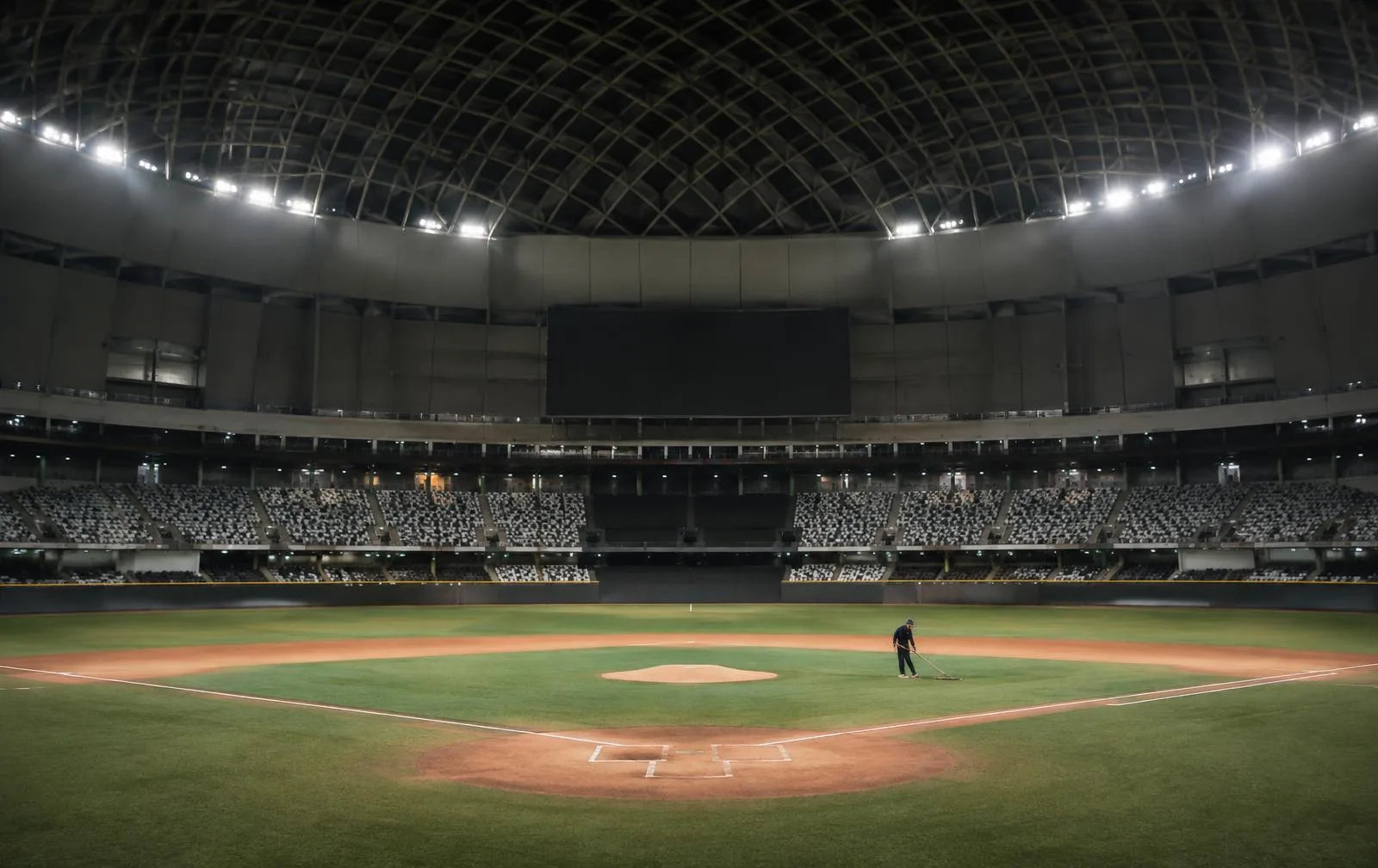 A groundskeeper raking the infield of an empty stadium after the game