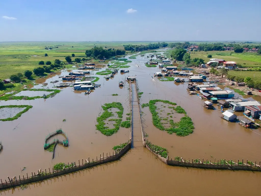 Large-scale fish trap on a defluent of the Mekong River, Cambodia